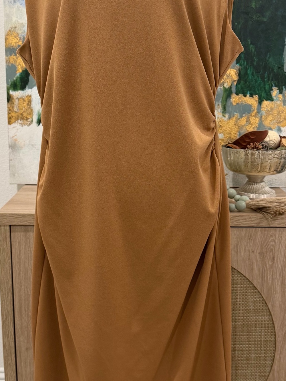 Alex Marie Side Rouching Draped Midi Dress in Caramel